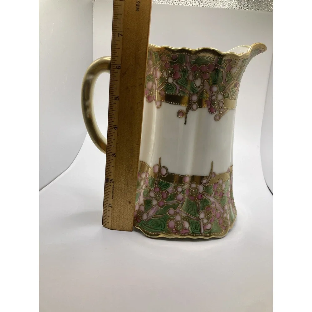 Antique Nippon Hand Painted Moriage Floral Pitcher Gold Gilt‎ Porcelain Cottage